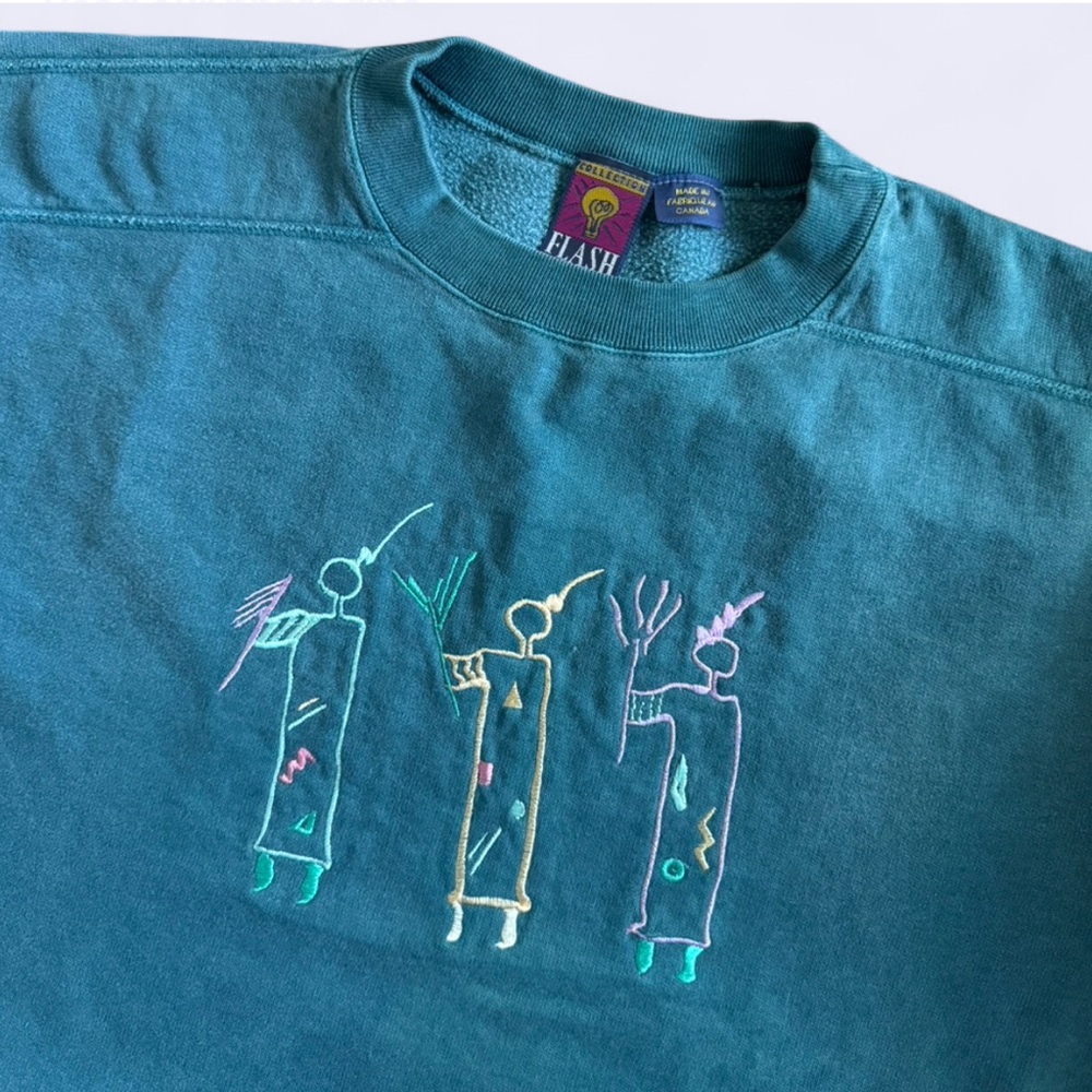Vintage 80s 90s Flash Embroidered Sweatshirt Dark Teal Made in Canada